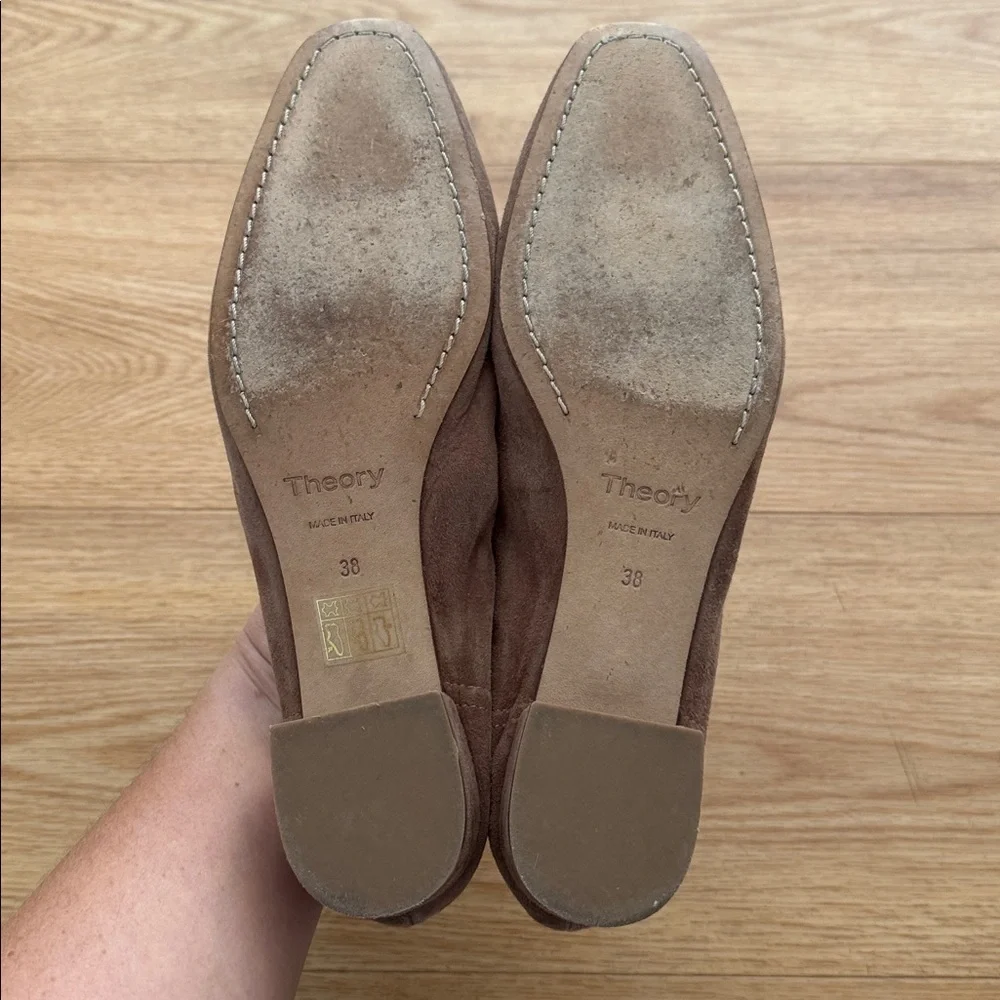 Theory Womens Tan Suede Leather Round Toe Block Heel Pumps Office Workwear Sz 38